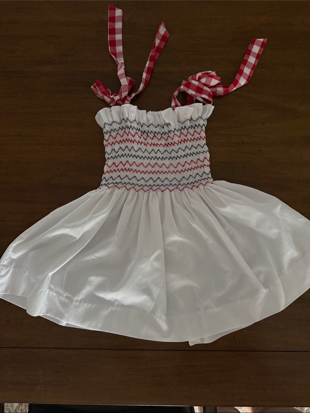 Stitchy Fish Red White and Blue Sundress with Red Gingham Tie Straps - Picture 4 of 6